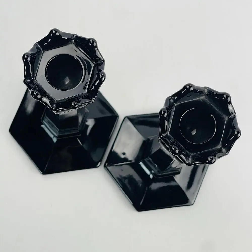 Amethyst Black Glass Vintage Candlesticks 8 1/2